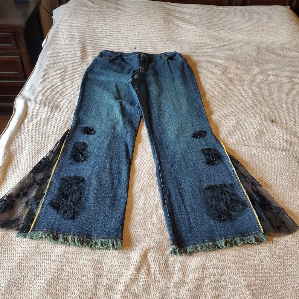 NY Collection Womens Blue Flare Jeans Lace Inserts Beaded Y2K Boho Size 12